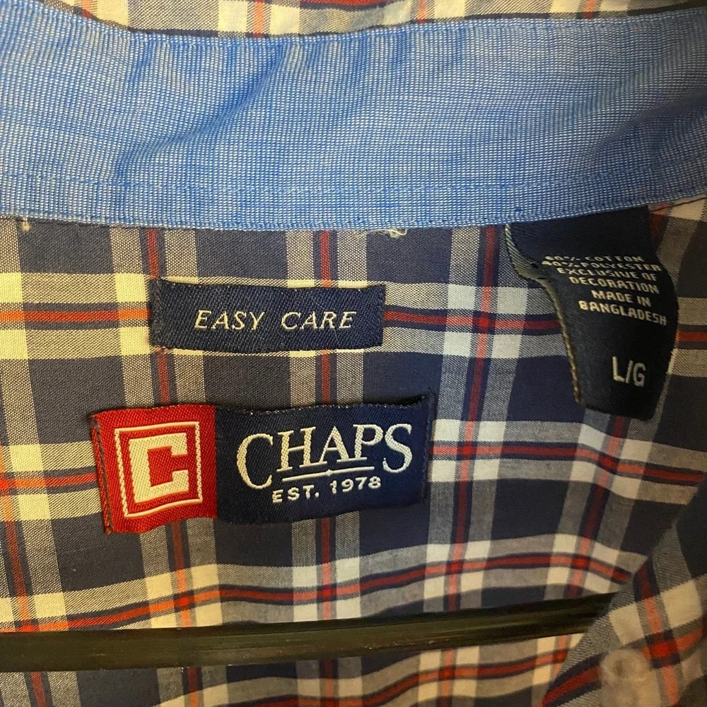 Chaps Mens Large Button Down Shirt Blue Red White Plaid Long Sleeve Easy Care
